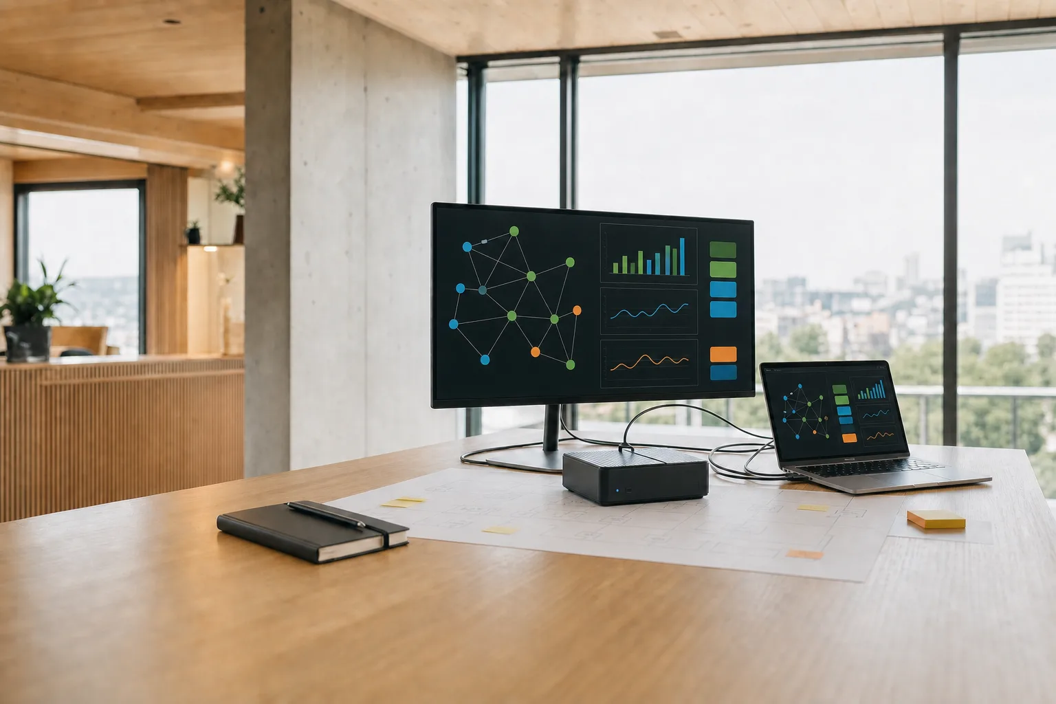 People-free AI workspace with connected systems in a modern office.